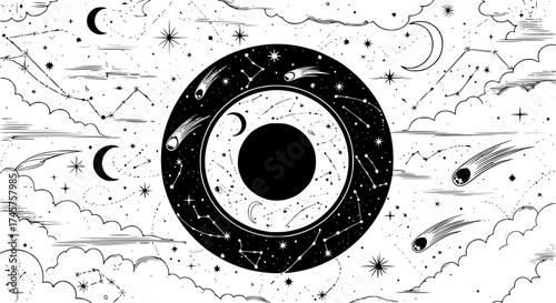 Celestial abstract background in engraved vintage sky pattern
