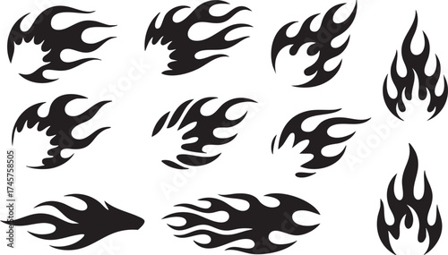 Flame decal. Fire abstract black silhouette flames for race car or tattoo. Tribal flame hotrod car vinyl decals and motorcycle airbrush stencil. Burning element vector set 