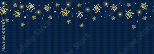 Christmas seamless border. Falling snowflakes on navy knitted background