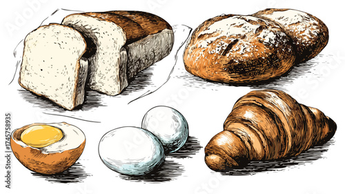 Delicious Bakery Goods, Bread, Pastry, and Eggs Vector Illustration with Outline Design
