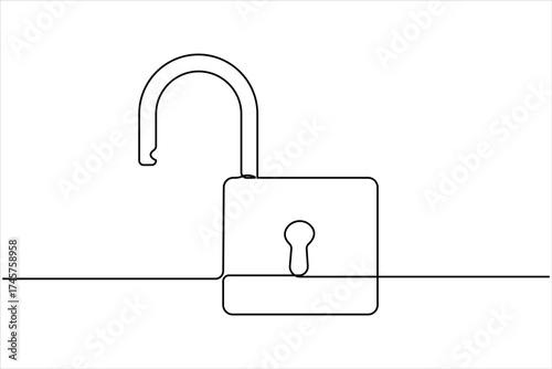 Continuous one line art drawing of padlock. Closed lock one line drawing. Single line art vector illustration, Shield, Protection