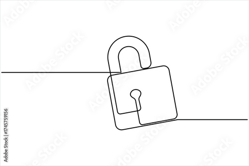 Continuous one line art drawing of padlock. Closed lock one line drawing. Single line art vector illustration, Shield, Protection