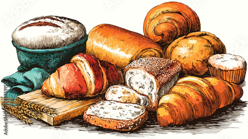 Delicious Bakery Goods: Bread Rolls, Pastries & Wheat Vector Illustration