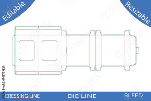 Long packaging box die cut template with bleed and crease lines