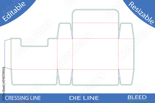 Packaging box die cut template with bleed and crease lines for manufacturing