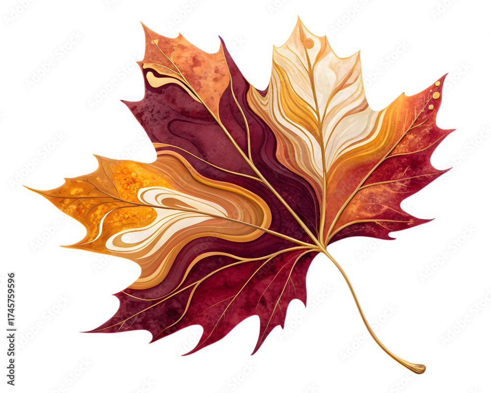 Fototapeta premium Stylized maple leaf featuring warm autumnal colors and intricate swirling patterns design element