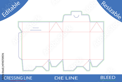 Packaging box die cut template with crease and bleed lines