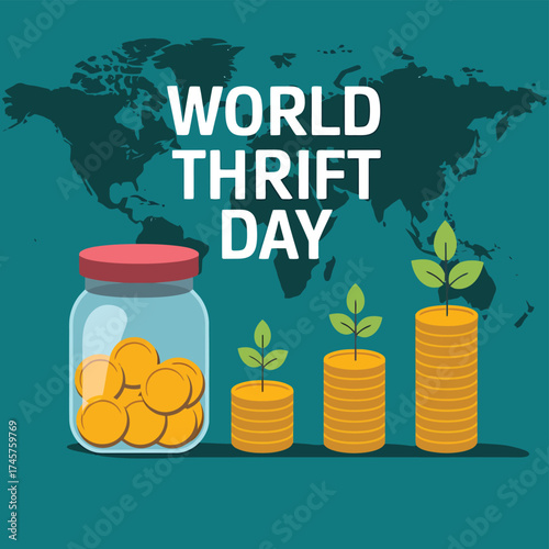 Vector art of world thrift day concept with a jar of coins and growing stacks of money on a world map background, representing global financial awareness and savings