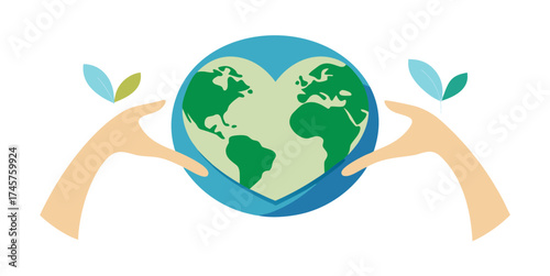 Heart-shaped Earth held by hands with leaves symbolizing love, care, and environmental responsibility