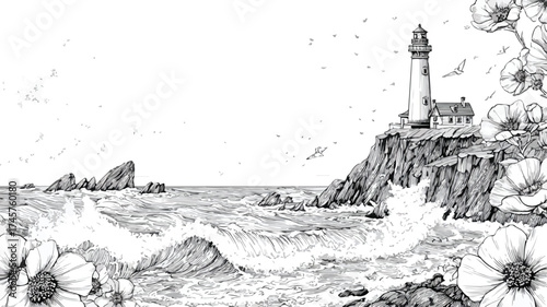 Majestic Coastal Landscape with Waterfall, Lighthouse, and Ocean Waves for Design Projects