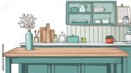 Modern Teal Wooden Kitchen Interior Design with Empty Table