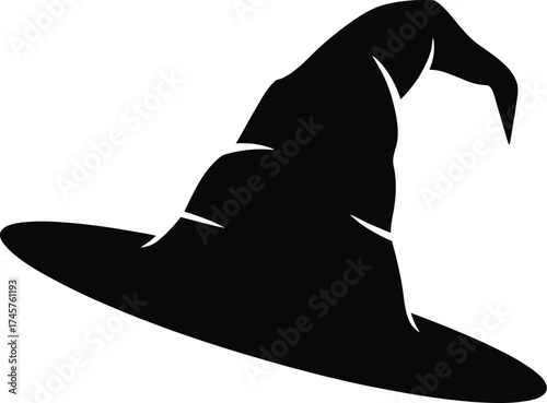 Black witch hat illustration with detailed brim perfect for design on transparent background silhouette