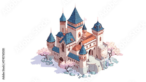 Enchanting Fairytale Castle Isometric Illustration in Fantasy Medieval Architecture