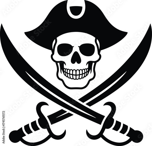 Black pirate skull and crossed swords graphic on transparent background silhouette