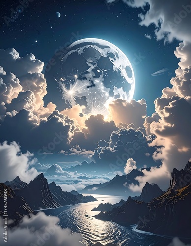 Vast, celestial landscape at night.  A massive moon hangs amongst immense clouds above a valley.  Mountains surround a winding waterway
