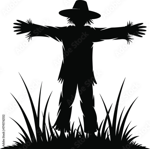 Black silhouette of a scarecrow with outstretched arms on transparent background
