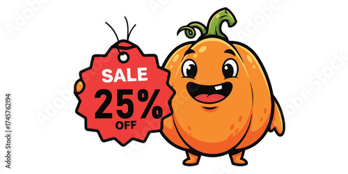A cheerful cartoon pumpkin character stands next to a red sale tag advertising 25 percent off, suggesting a seasonal discount.