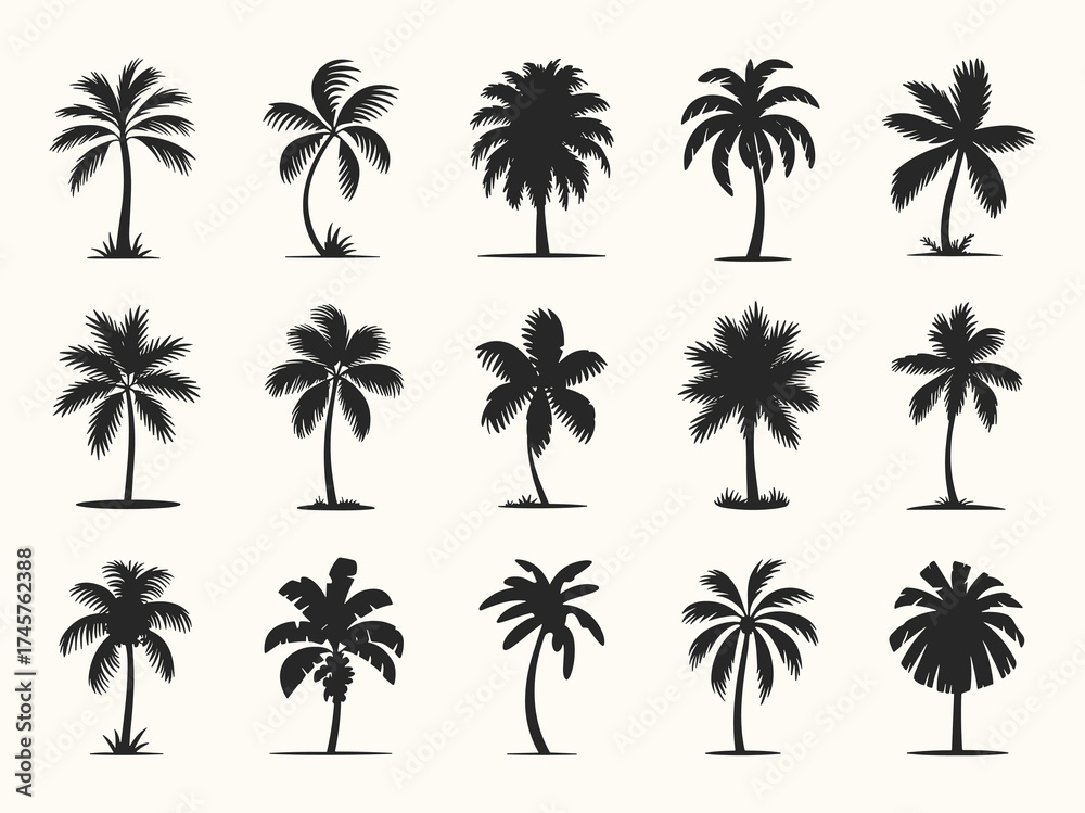 Obraz premium A diverse collection of tropical palm tree silhouettes depicts exotic beach and summer vacation themes.