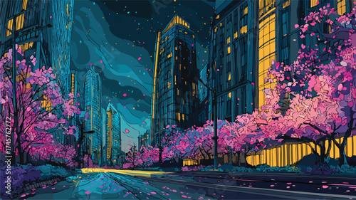 Futuristic Night Cityscape with Cherry Blossoms Vector Illustration