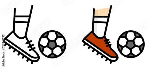 "Two soccer shoe and ball icons in different colors (white and red), representing football action and athletic gear. Ideal for sports, competition, and game-related designs."
