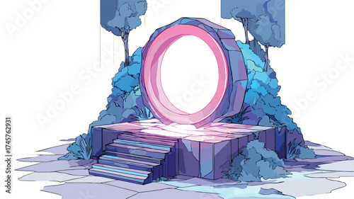 Futuristic Fantasy Portal Glowing Platform in Mysterious Landscape