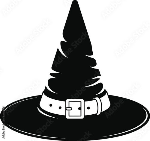 Classic black witch hat with buckle detail on transparent background silhouette