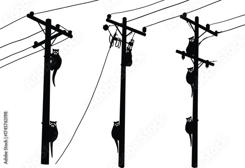 Silhouette utility poles, cats climbing, whimsical illustration, power line network, humorous animal interaction, urban infrastructure, feline behavior, black outline design