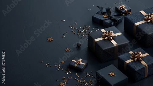 Christmas blue gifts with gold bows and ribbons on a dark blue background