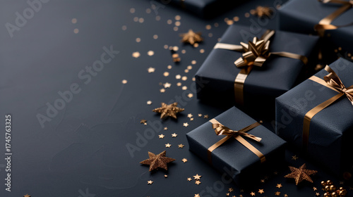 Christmas blue gifts with gold bows and ribbons on a dark blue background