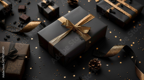 Christmas gifts with gold bows and ribbons on a black background with golden stars 