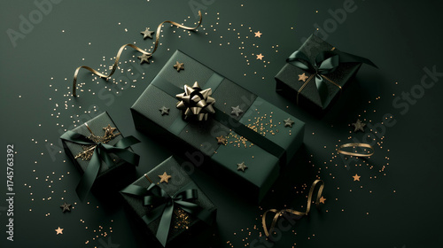 Christmas green gifts with bows and ribbons on a dark green background
