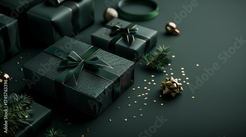 Christmas green gifts with bows and ribbons on a dark green background