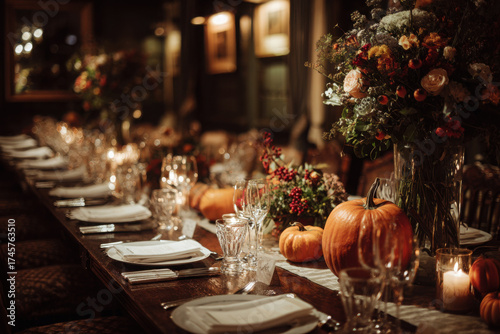 Festive Thanksgiving table setting with pumpkins and flowers elegant autumn dinner party ready for celebration