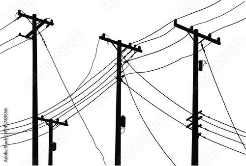 Silhouette utility poles, crossarms and insulators, power line network, electricity distribution, urban infrastructure, voltage grid, overhead wires, black outline, energy system