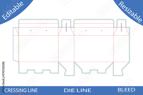 Two compartment packaging box die cut template with fold lines
