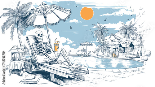 Skeleton Relaxing with Drink at Halloween Pool Party Invitation