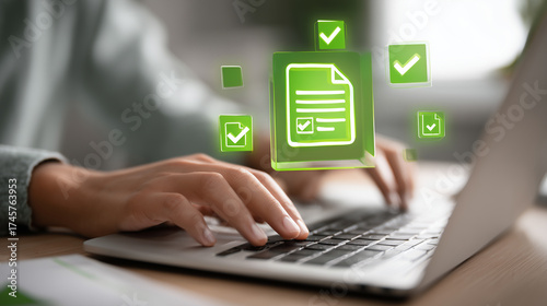 person working on laptop, icon green checkmark, floating document, indicating virtually assembled documents being generated by the company's management system. digital interface, online forms