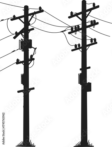 Silhouette utility poles, crossarms and insulators, transformers and wires, power line network, electricity distribution, urban infrastructure, black outline, energy grid