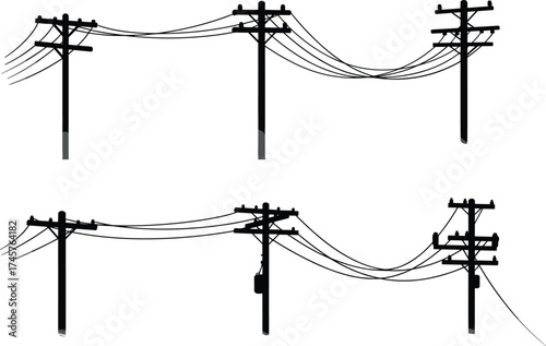Silhouette utility poles, dual row design, power line network, electricity distribution, urban infrastructure, voltage grid, overhead wires, black outline, energy system