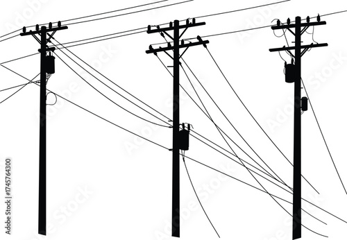 Silhouette utility poles, electrical transformers, power line network, urban energy infrastructure, rural electricity grid, voltage distribution, overhead wires, black outline silhouette