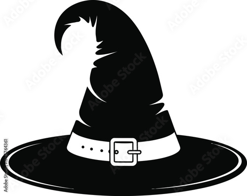 Classic black witch hat with silver ribbon perfect for designs on transparent background silhouette