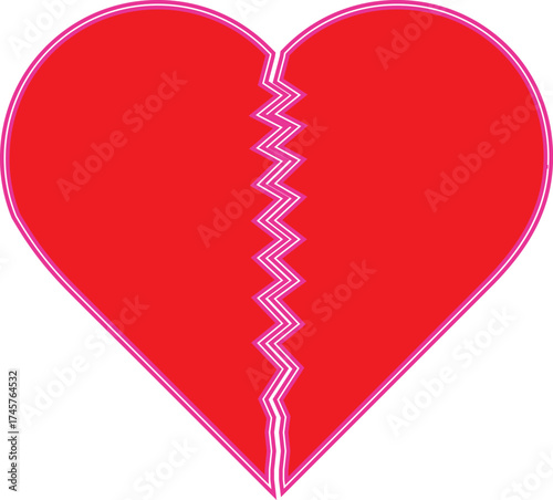 Bright red broken heart symbol with jagged white center line vector