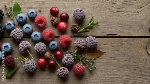 Vibrant assortment of fresh summer berries glistening with morning dew drops in a rustic outdoor setting with golden sunlight
