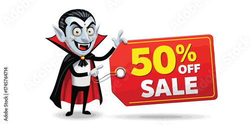 Vampire character promotes 50 percent off sale with a red tag