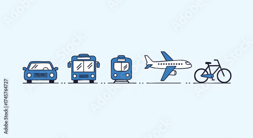 Line Art of Varied Transportation Methods Car, Bus, Train, Plane, Bike