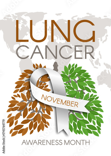 Lung cancer awareness month poster with white ribbon and lungs made of green and brown leaves, symbolizing hope and prevention in November