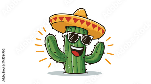Cheerful Cactus Wearing Sombrero Sunglasses Greeting in Vector Graphic