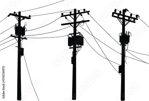 Silhouette utility poles, electrical transformers, power line network, urban energy infrastructure, rural electricity grid, voltage distribution, overhead wires, black outline silhouette