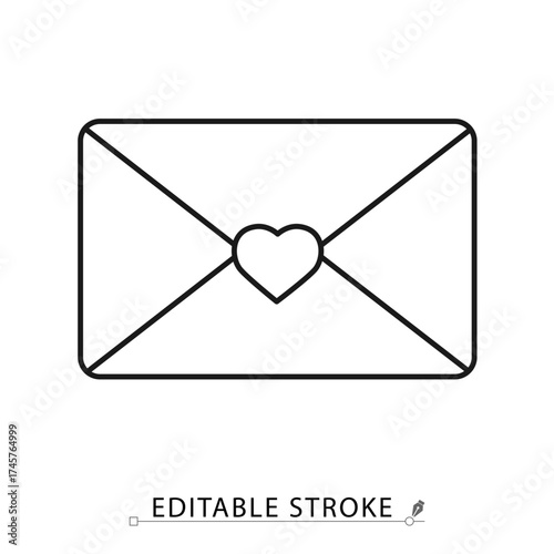 A love letter envelope icon in a minimalist line style with editable stroke. Romance message, valentine mail, wedding invitation, love correspondence, heart seal, greeting card.