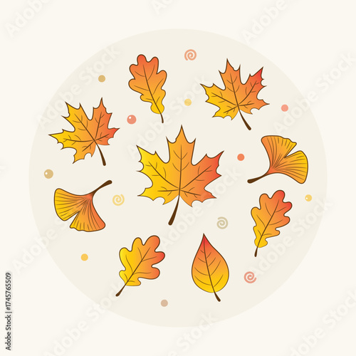 A collection of various fall leaves. maple, oak, ginkgo, mixed with the warm and vibrant colors of autumn, cute and simple line style.